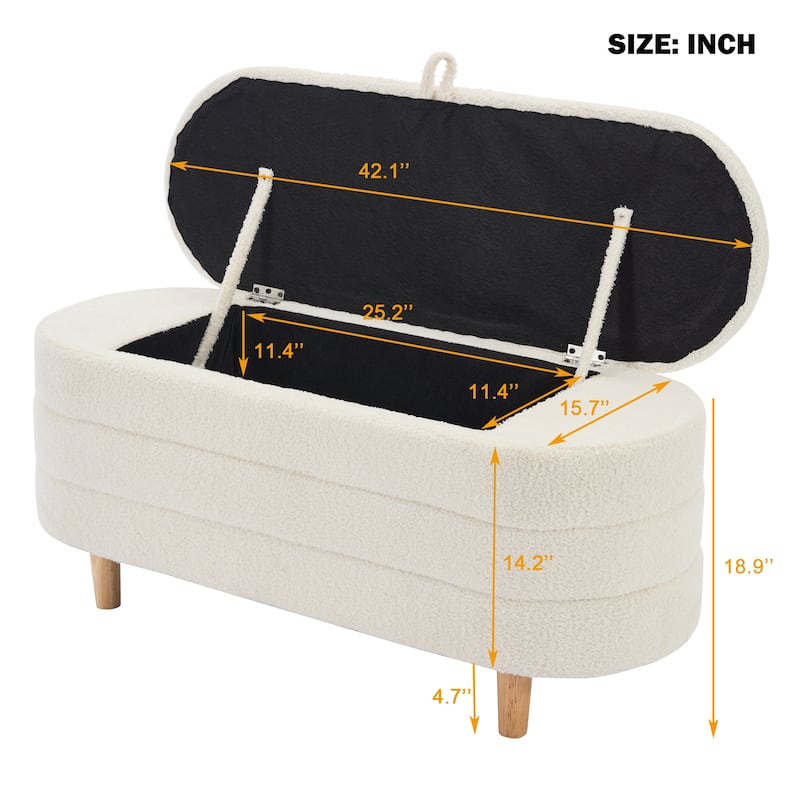 White Sherpa Storage Ottoman Bench with Wood Legs for Bedroom Living Room Elegant Design