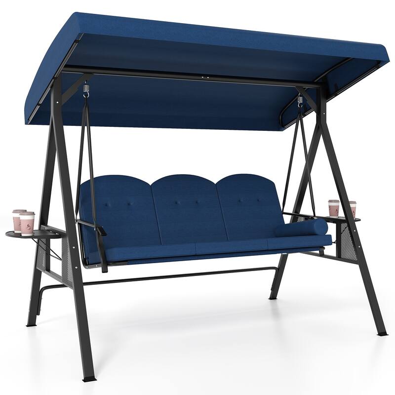 3-Person Patio Swing Chair with Adjustable Canopy and Cushions Side Trays for Outdoor Relaxation - 77" × 47" × 65"