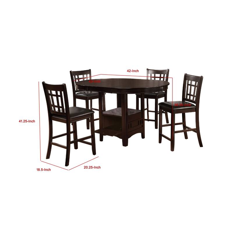 Lessa 5pc Counter Height Dining Table Set w 4 Chairs, Expandable Leaf, Brown