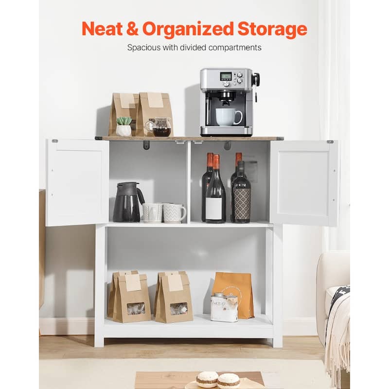 3-Tier White Bar Cabinet with Magnet Doors and Bottom Open Storage Shelves Ideal for Coffee Machine or Toaster