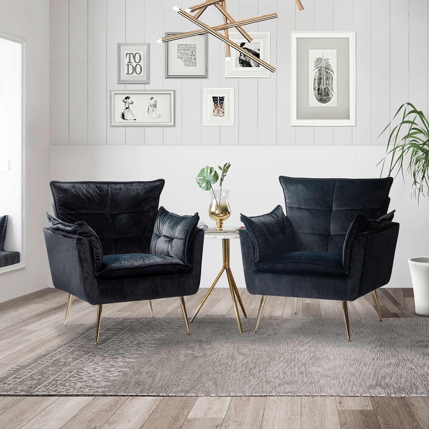 HULALA HOME 1ida Modern Velvet Tufted Accent Armchair with Gold Metal Legs Set of 2