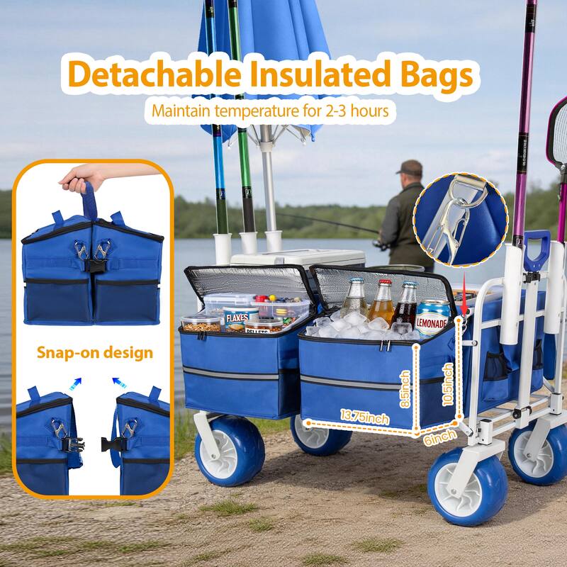 Beach Wagon Cart with Rod Holders and 9" All-Terrain Wheels, 500lbs Heavy Duty Collapsible Folding Wagon, Adjustable Handle