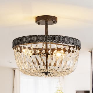 Weathered Black 3-Light Crystal Semi-Flush Mount Ceiling Light with Bowl Shade - 14.2" W x 12.2" H