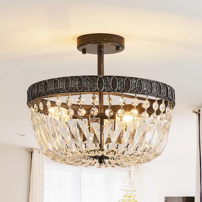 Modern Matte Black 3-Light Crystal Semi Flush Mount Ceiling Light with Bowl Shade - 14.2" W x 12.2" H