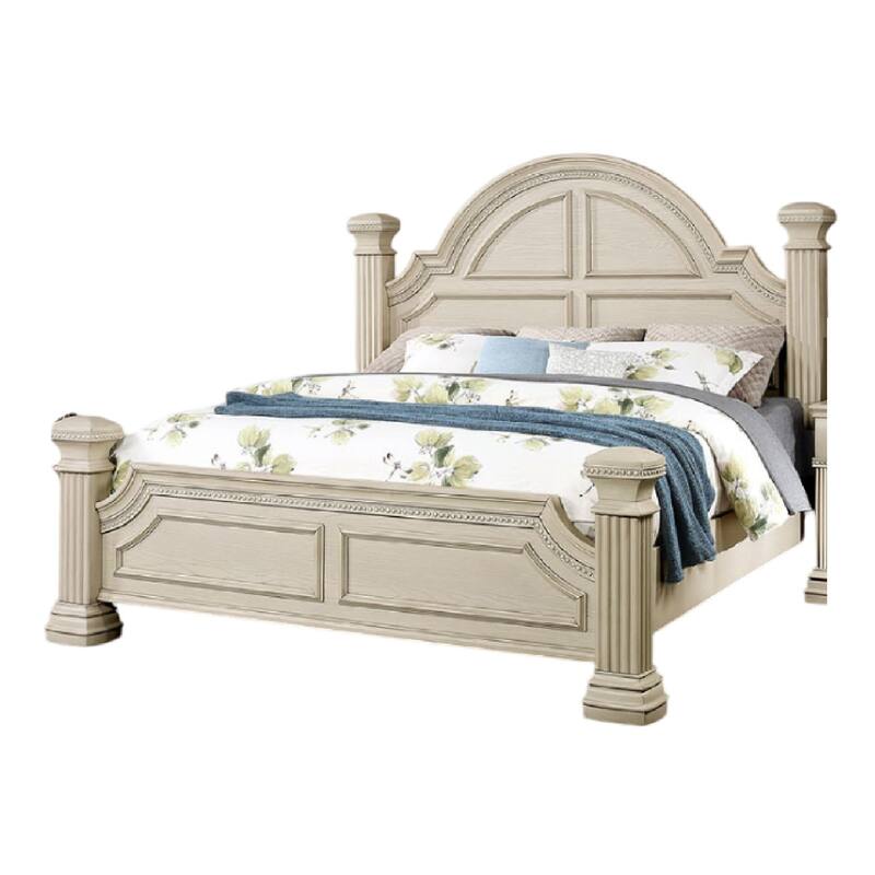 Akia Queen Bed, Antique White Solid Wood, Reeded Posts, Molded Trim