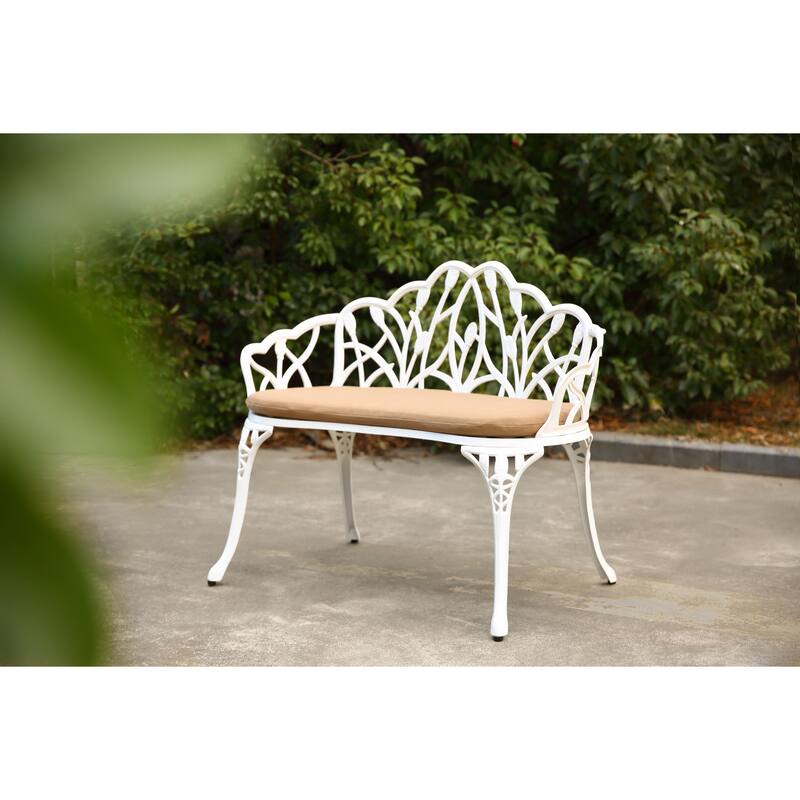 Tulip Patio Garden Bench Metal Park Bench Cast Aluminum Outdoor Furniture With Floral Rose For Patio With Cushion