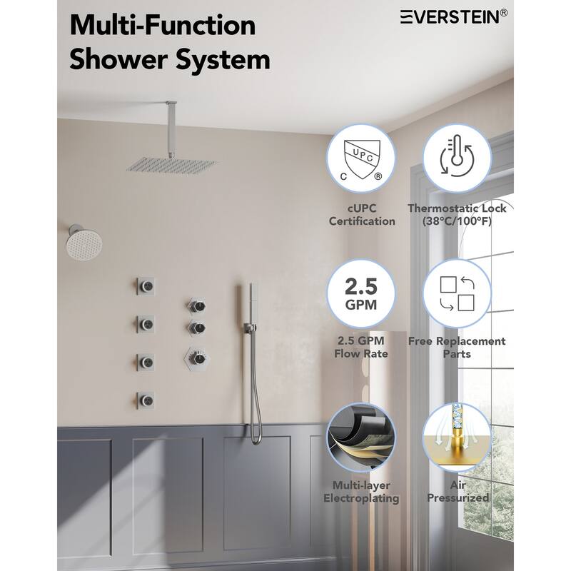 Dual Heads Thermostatic Shower Faucet with 12" Rainfall Shower, Handhels Spray And Body Jets - 12" x 6"