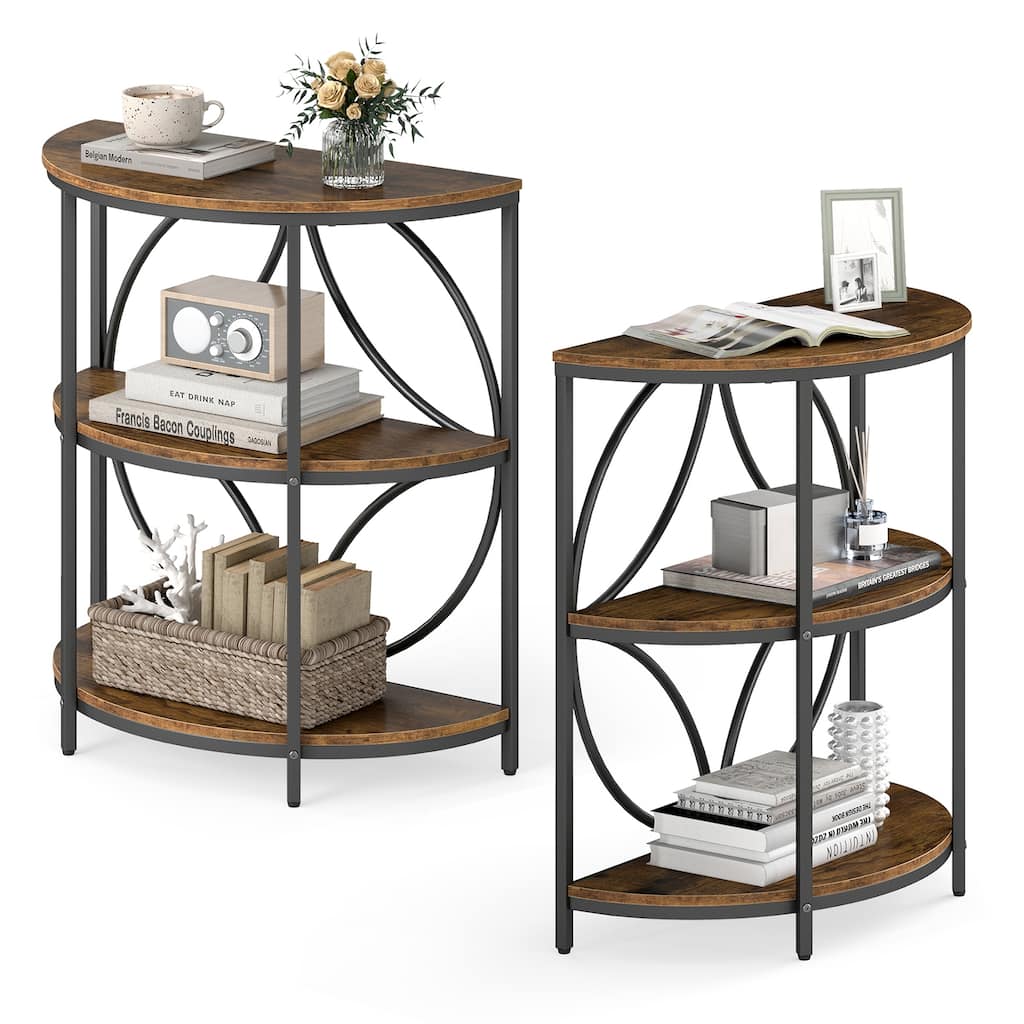 Gymax 3-Tier Half Round End Table Set of 2 w/Study Metal Frame Storage