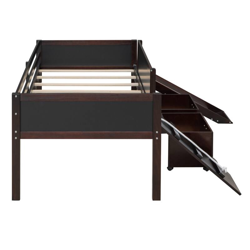 Twin Size Wood Loft Bed with Storage Boxes and Climbing Frame - Espresso