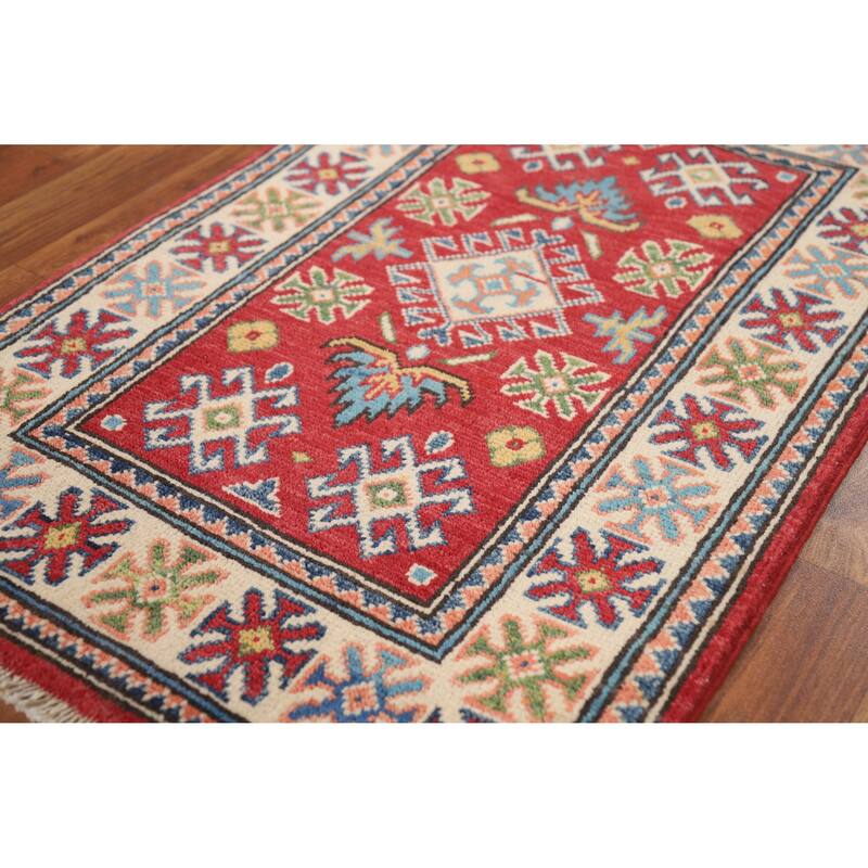 Kazak Oriental Rug Handmade Red Geometric Wool Carpet - 2'0"x 3'0"