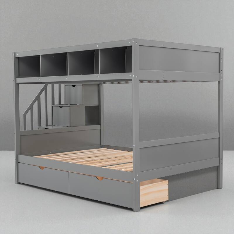 Twin Over Full Bunk Bed with Storage Staircase, Shelves and 2 Drawers, Solid Wood Frame for Kids