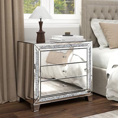 Glam Mirror Nightstand Bedside Table with 3 Drawer Chest