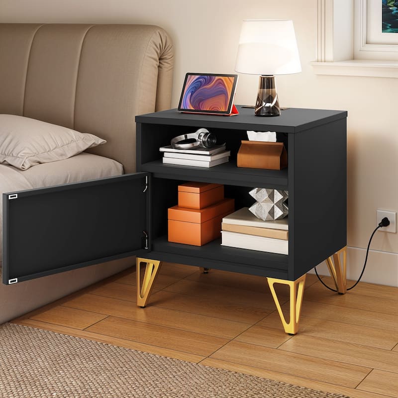 Moasis Set of 2 Black Nightstand with Embedded USB & AC Charging Station