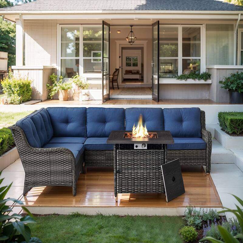 Outdoor Sectional Patio Sofa with Fire Pit Table - Blue - Grey