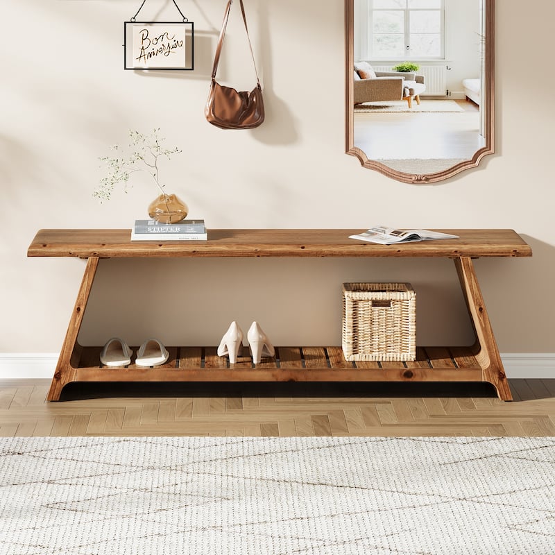 Farmhouse Solid Wood Entryway Bench with Storage