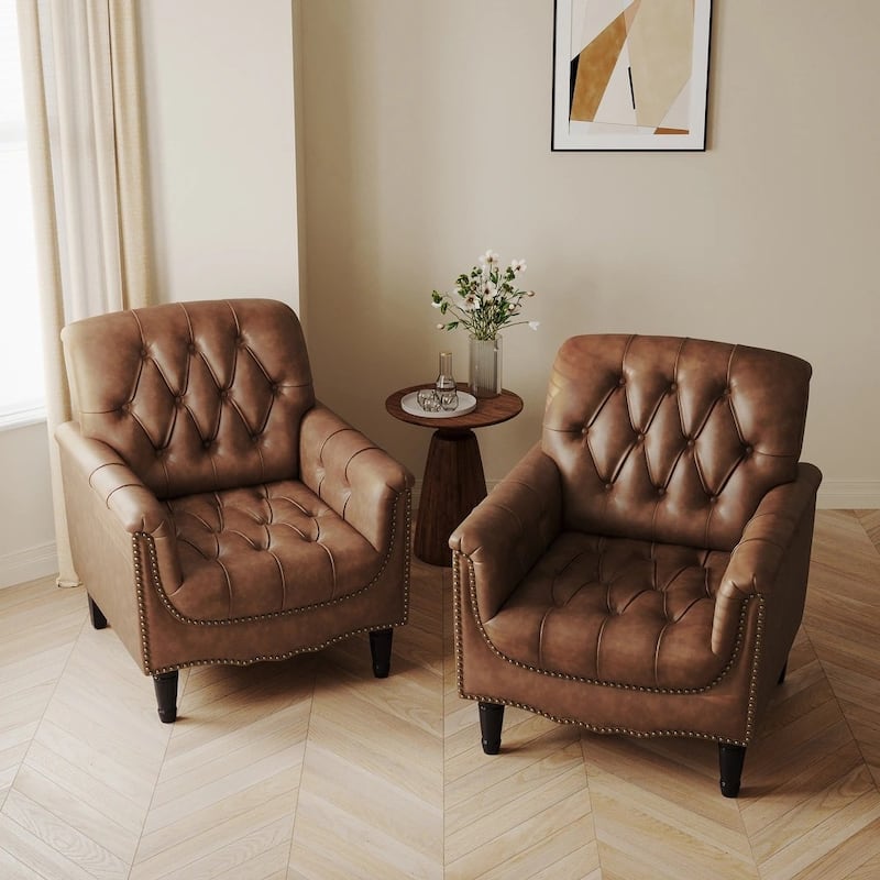 Traditional Faux Leather Tufted Accent Arm Chair with Nailhead Trim