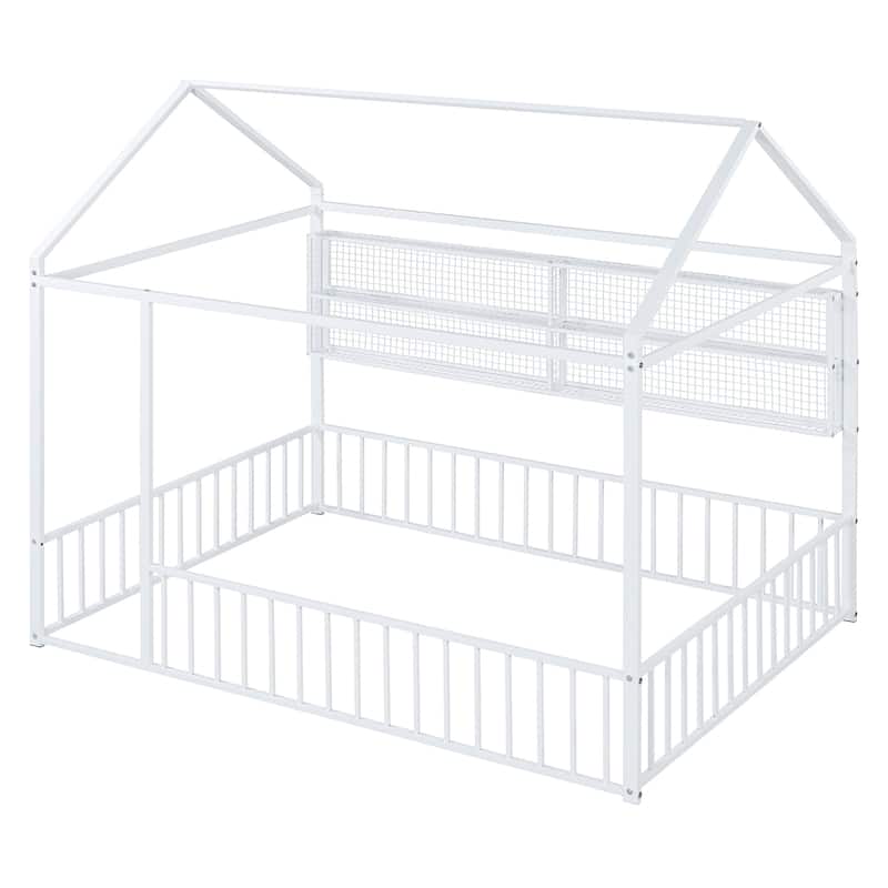 Full Metal House Bed Frame with Storage Shelves & Fence