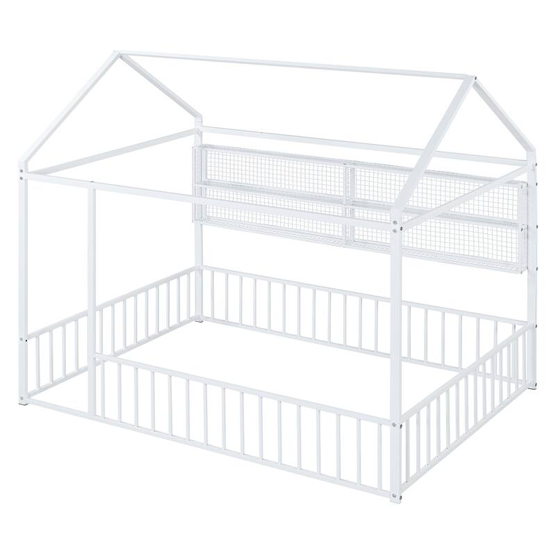 Full Size Metal House Bed Frame with Built-In Grid Shelves, Playful Canopy Design and Space-Saving Storage