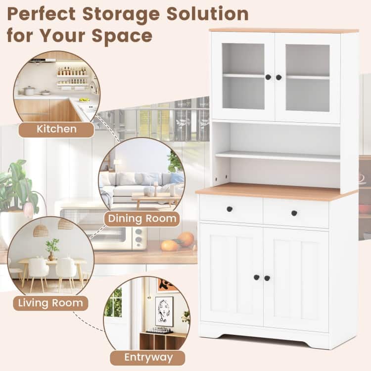 Pantry Cabinet with Glass Doors Adjustable Shelves and 2 Drawers for Kitchen Storage - 31.5" x 16.5" x 67"