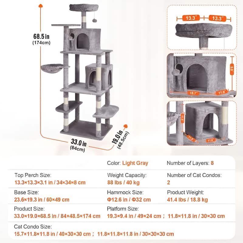 Light Grey Plush 8-Layer Cat Tree with Condos, Hammock and Toys