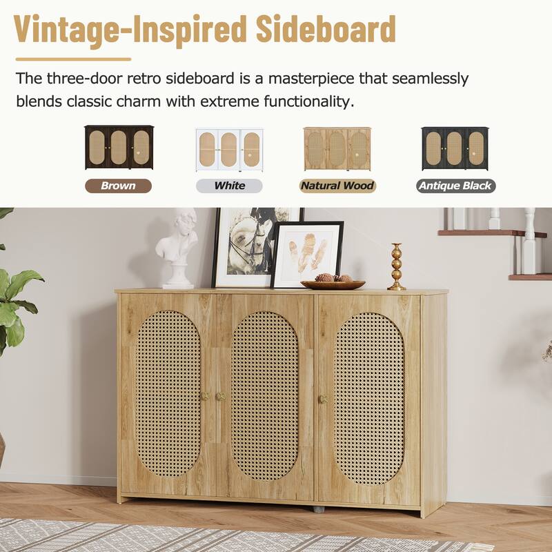 Classic Sideboard with Rattan Doors and Metal Handles - Storage Cabinet for Living Room/Hallway