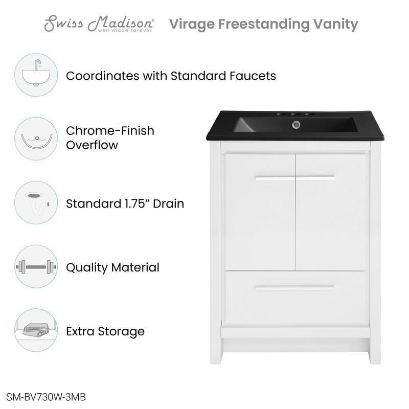 Virage 24 In. White Bathroom Vanity With Black, 3-Hole Ceramic Sink Top