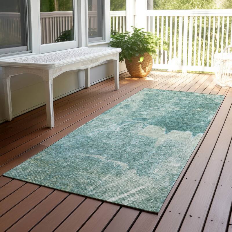 Machine Washable Indoor/ Outdoor Abstract Modern Chantille Rug - Teal - 2'3" x 7'6"