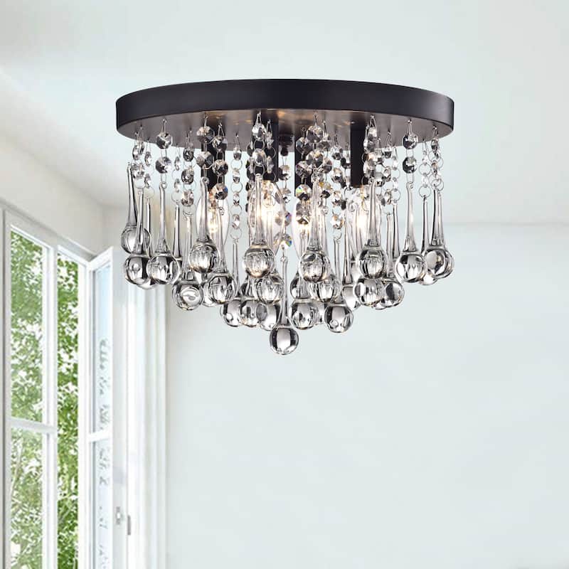 Claudia 4-Light Black Flush Mount with Clear Crystal Drops