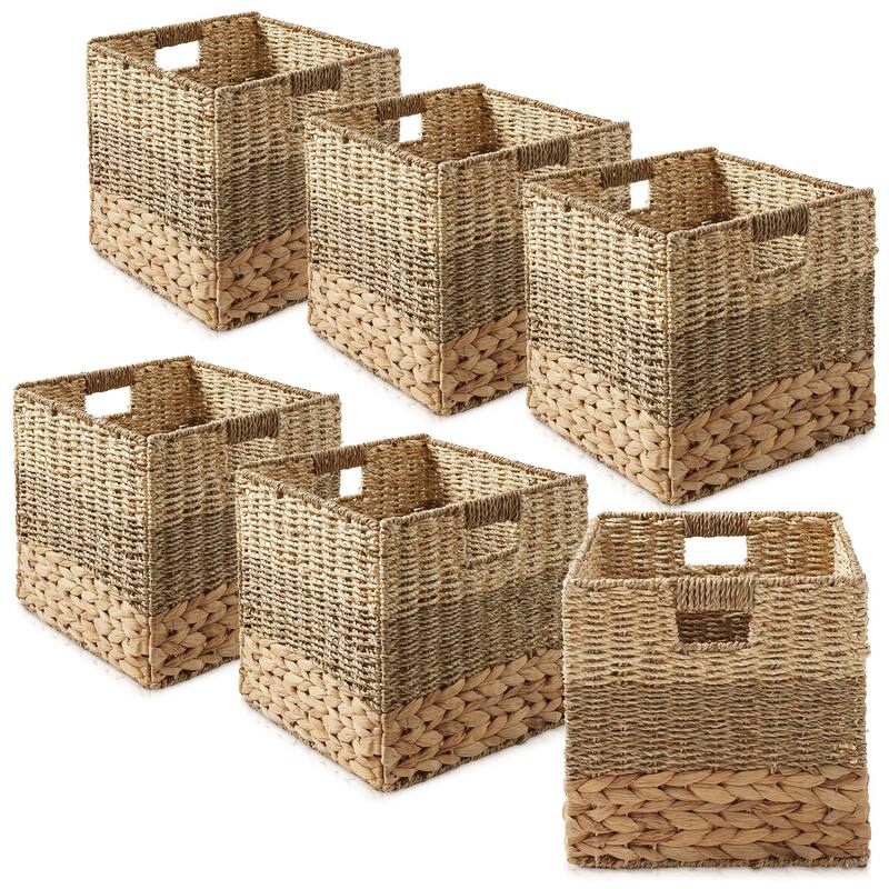 Mixed Weave Hyacinth Seagrass Storage Basket Set Natural Wicker - 10.5" x 10.5", 6-Pack