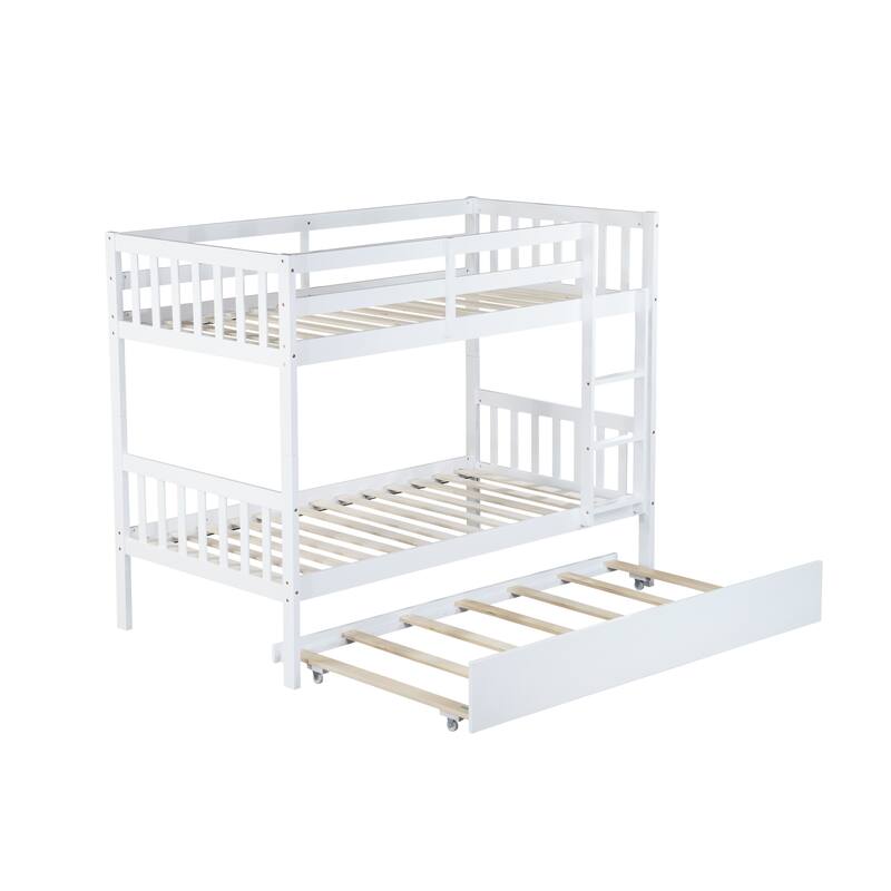 Roomfitters Twin Over Twin Rubber Wood Bunk Bed with Trundle, Convertible to Two Twin Beds, Ladder and Guardrails