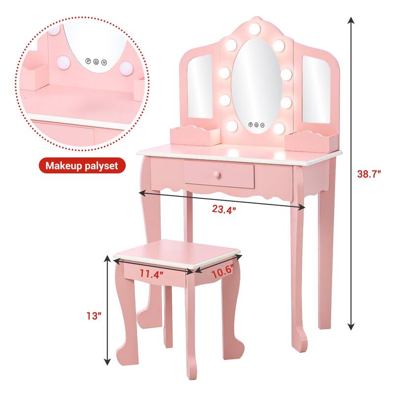Kids Makeup Vanity Table Set with Stool, Dressup Playset for Girls Best Gift