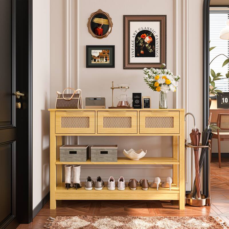 43.3" Sofa/Console Table - with 3 Top Drawers and 2 Open Shelves, Farmhouse Style