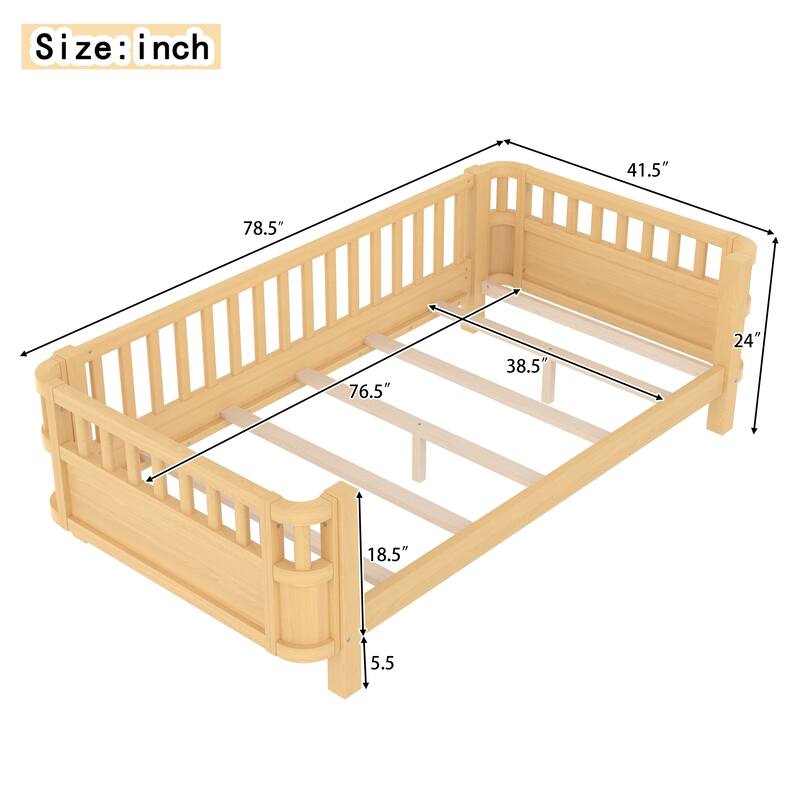 Wood Platform Bed with Guardrails & Detachable Fence, Twin/Full/Twin XL/Queen Size Kids Bed, Safety Design, No Box Spring