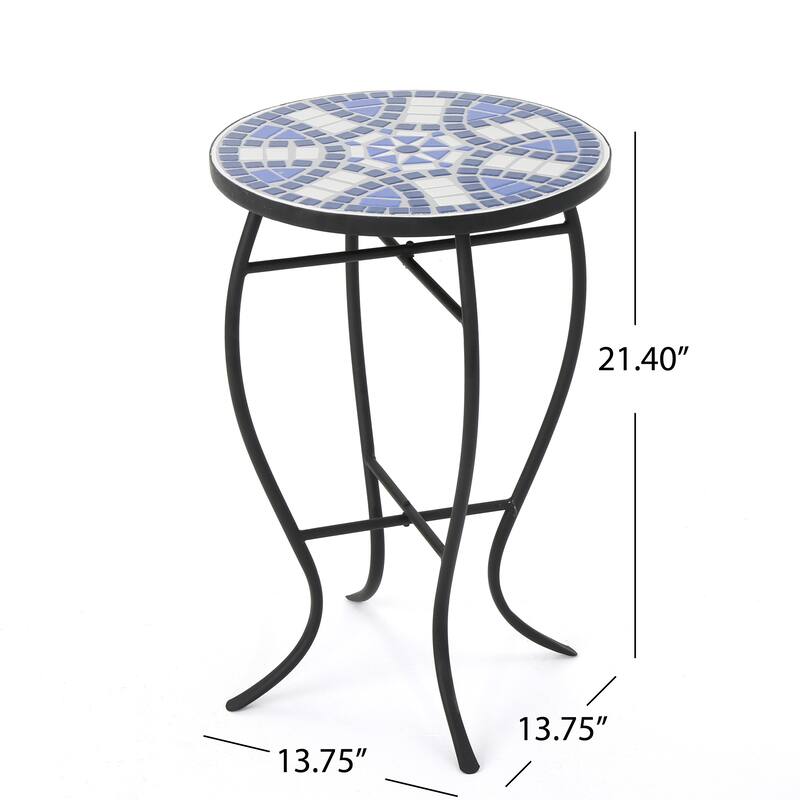 Outdoor Round Side Table with Mosaic-Style Top and Curved Iron Legs, End Table-Blue, Wihte and Matte Black - 12.24