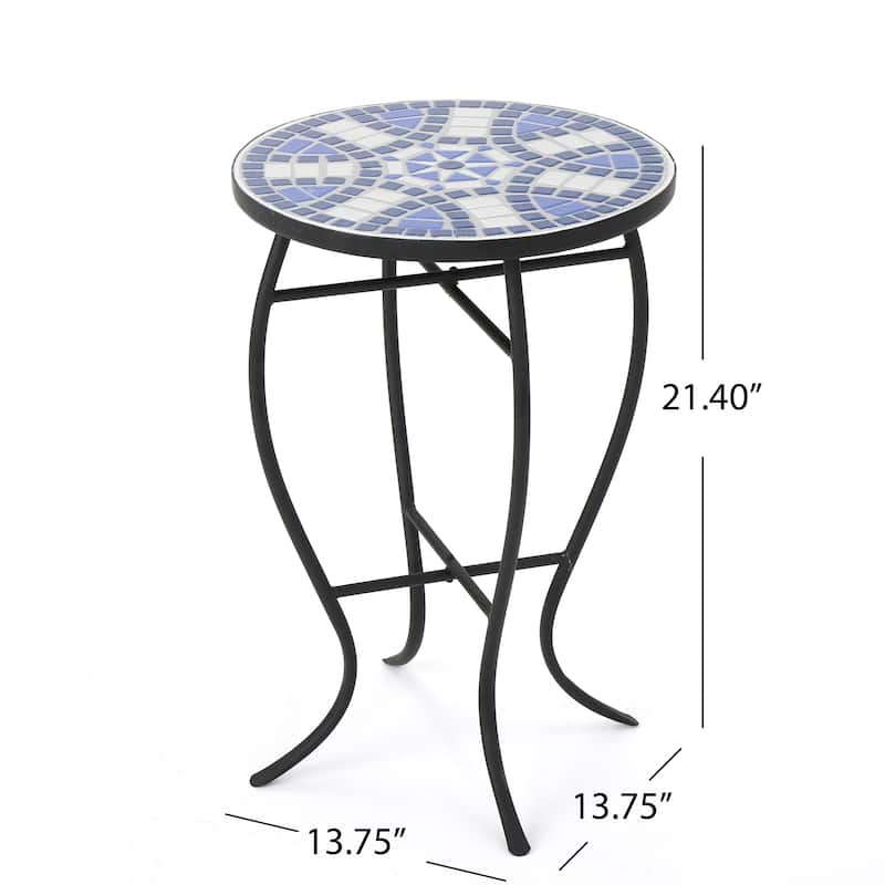Roomfitters End Table, Round Outdoor Side Table with Blue Mosaic Top and Curved Metal Legs for Patio or Garden, White+Blue