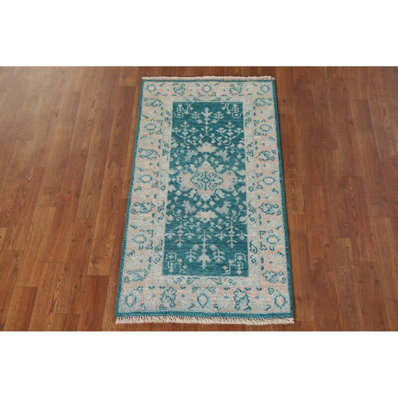 Vegetable Dye Green Oushak Turkish Area Rug Hand-Knotted Wool Carpet - 2'1"x 3'11"