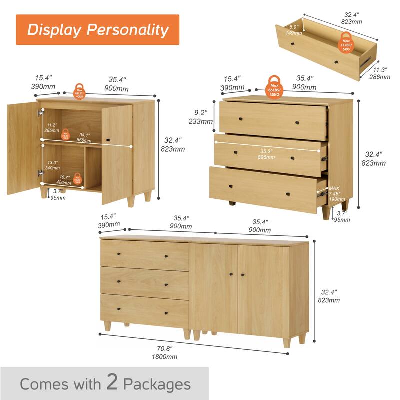 Wood Dresser with 3 Drawers and 1 Cabinet for Bedroom, 71" Wide