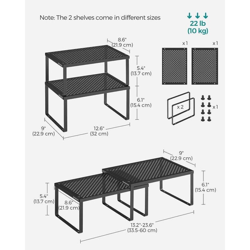 Set of 2 Stackable and Expandable Metal Kitchen Counter Shelves for Small Appliances or Spices