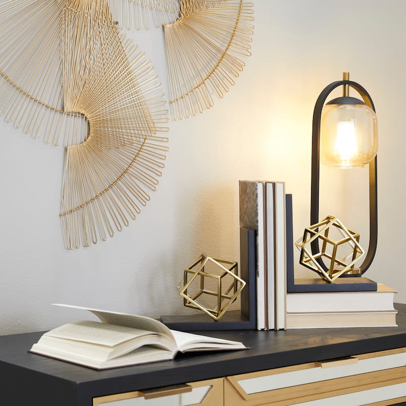 Stainless Steel Metal Geometric Overlapping Cube Bookends with Black Bases - Set of 2 Gold - Roche River Decor - 6"W x 8"L x 8"H