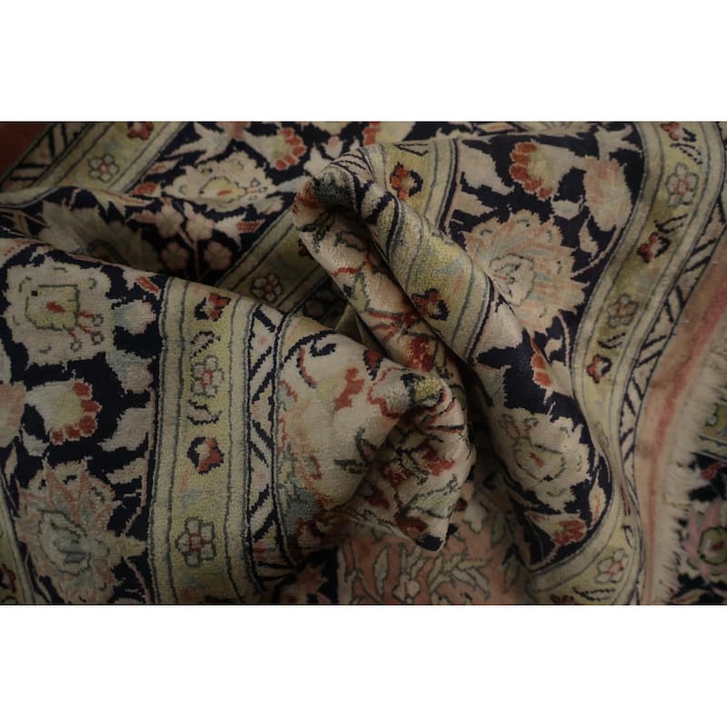 Hand Knotted Oriental Silk Carpet Traditional Floral Peach Kashmir Area Rug - 8' 0'' X 5' 8''