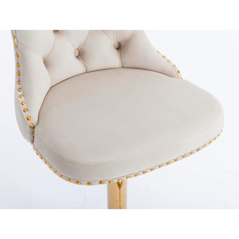 Set of 2 Velvet Upholstered Button Tufted Bar Stools with Gold Metal Base, 360° Swivel Adjustable Height Bar Stools with Back