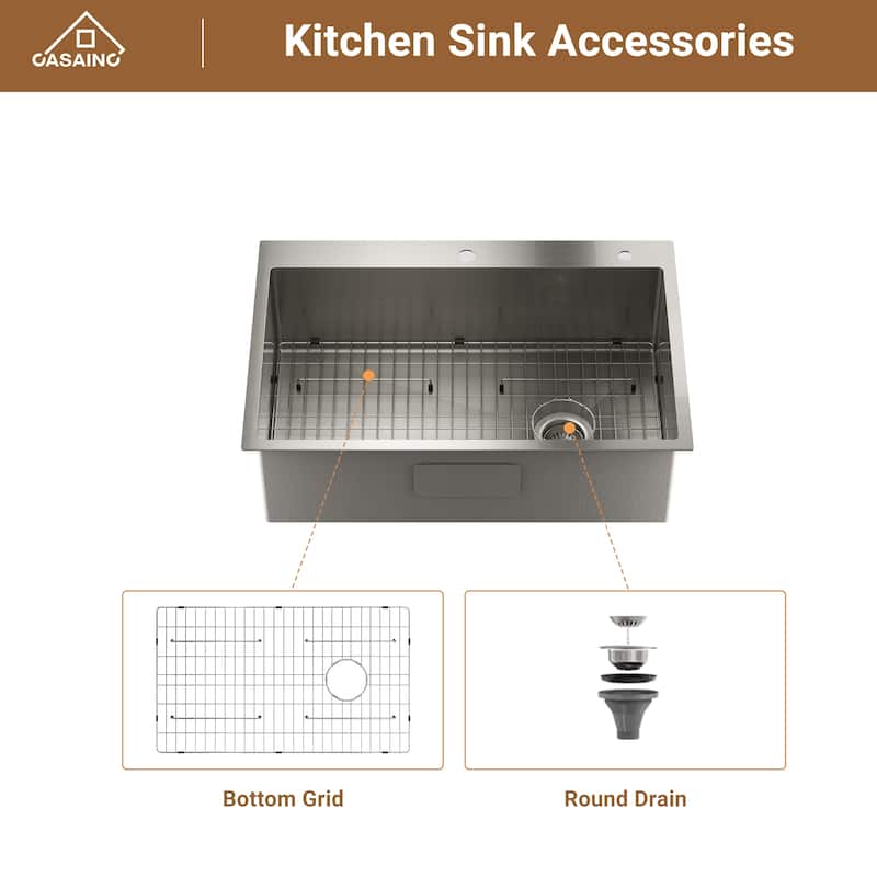 Stainless Steel 33 Single Bowl Drop-In Kitchen Sink with LED and Infrared Sensor Pull Down Kitchen Faucet