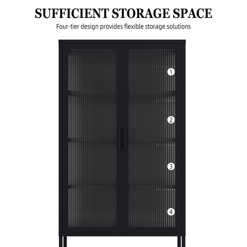 Modern Glass Door Cabinet with Adjustable Shelves Steel Storage Sideboard