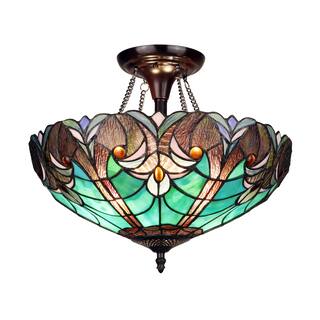 Tiffany Style Victorian Design 2-light Dark Bronze Semi-Flush Fixture - 13.6 inches High
