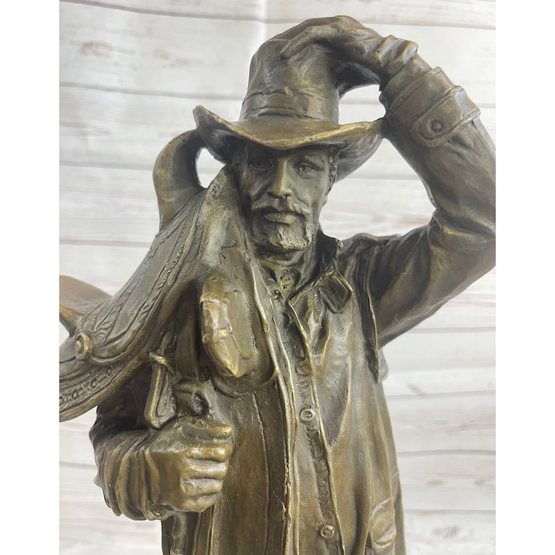 Country Western Cowboy Hauling Saddle Bronze Sculpture Statue Art Decor