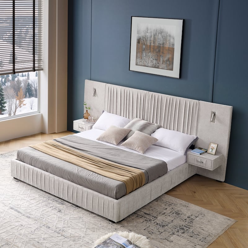 King Size Upholstered Bed Frame with Chenille fabric with pleated design,Grounded King Size Platform Bed