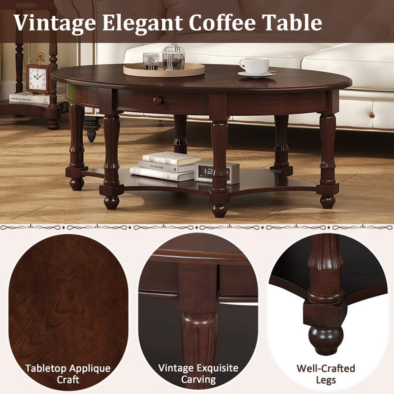 Vintage Oval Coffee Table with Drawer and Storage Shelf, Antique Cocktail Table in 45"
