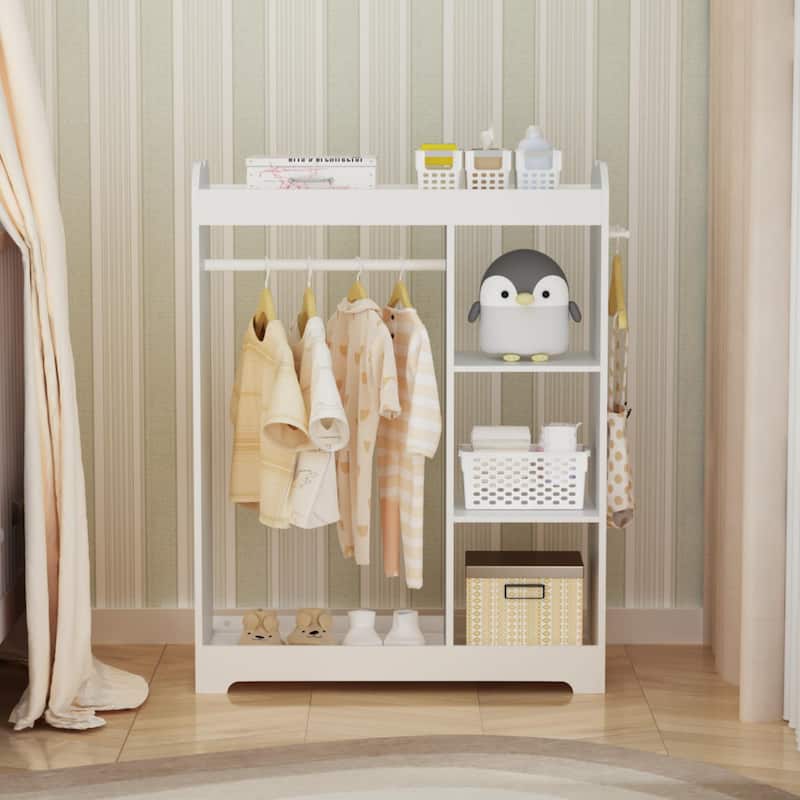 Kids Dress Up Storage with Mirror and Hooks, Wooden Clothes Rack with Hanging Rod, 3 Side Hooks, Storage Shelves and Top Shelf