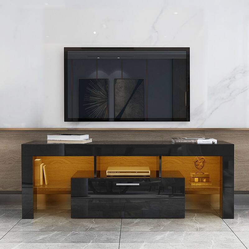 Modern TV Stand with RGB LED Lights & Remote, Tempered Glass Shelves - 51.18 inches in width - Black