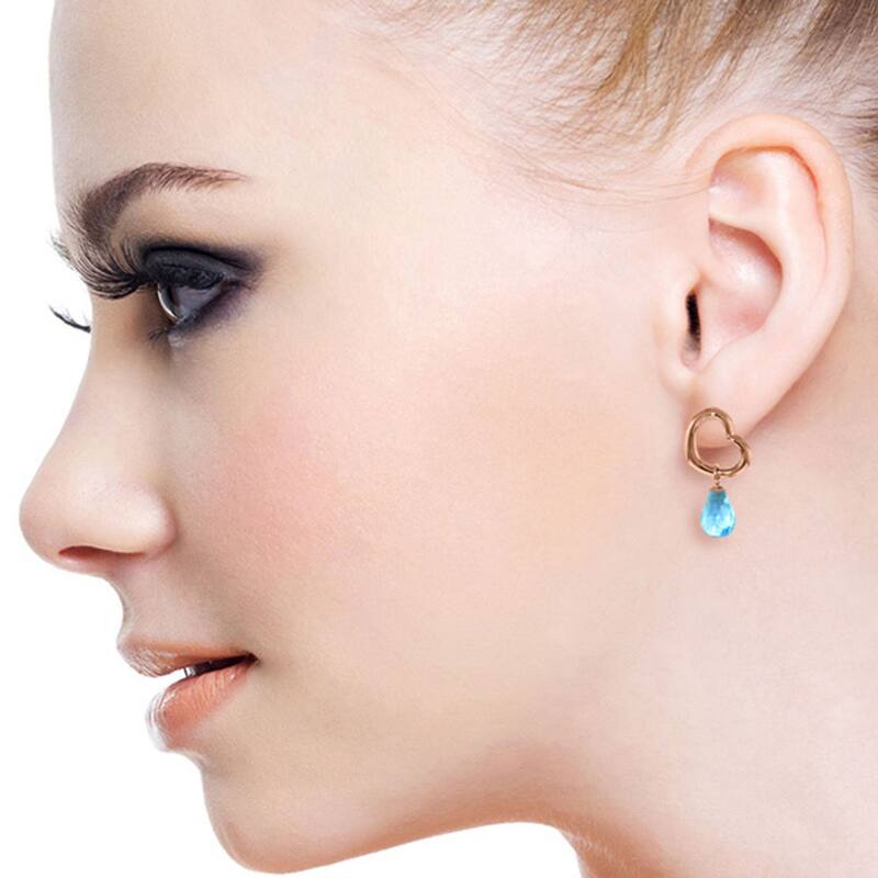 14K Solid Gold Heart Gemstone Earrings w/ Dangling Natural Blue Topaz